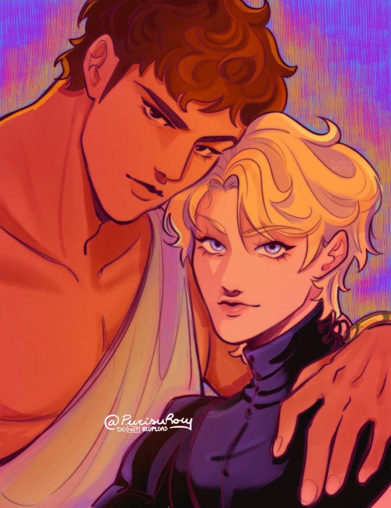 Illustration featuring Damianos from the The Captive Prince trilogy, resting his hand on Laurent's farthest shoulder while leaning into him.