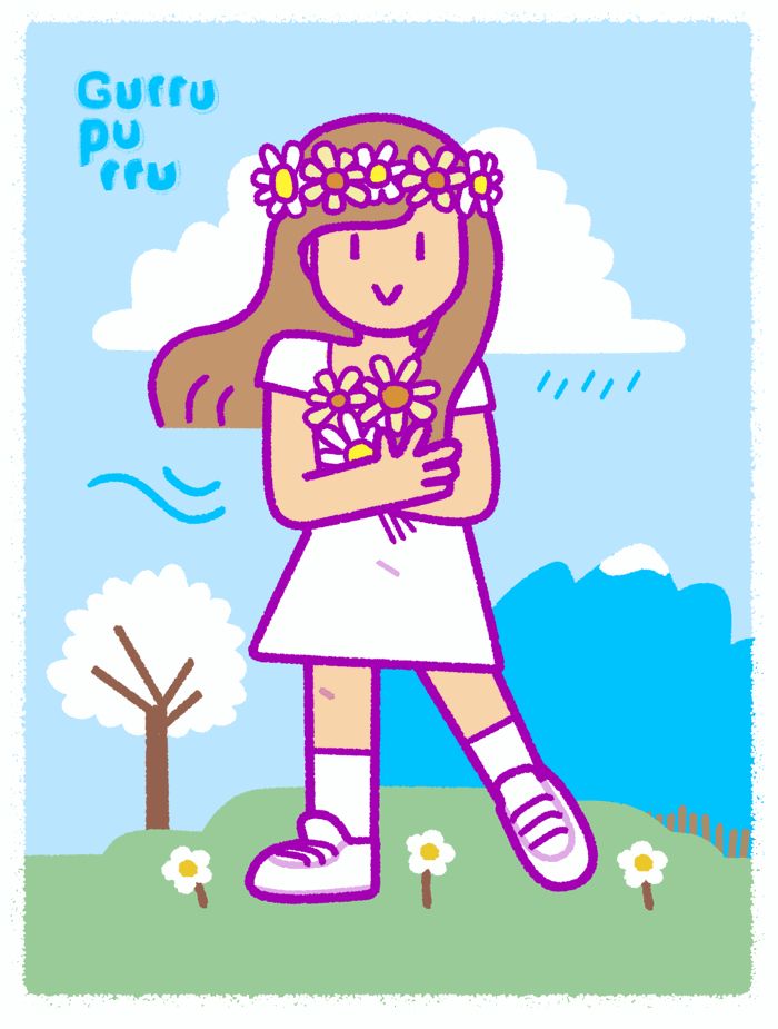 Chica vestida de blanco con una corona de flores y un montón de flores entre sus brazos cruzados. Al fondo se ve un cielo azul, unas montañas con algo de nieve en su cumbre y un árbol blanco por las flores.