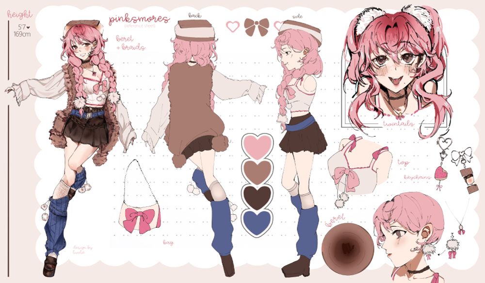pink s'mores reference sheet: a pale girl with long pink hair in loose braids tied with white pompoms. she has freckles on her face a a mole on her lower left cheek. outfit: a beret in the style of a s'more which is brown on the top and bottom and white in the middle, a brown lace choker with another necklace underneath with a white pendant and a pink bow dangling, a white camisole with pink ribbons and lace detailing with a big centre ribbon with two small white pompoms dangling from it, a brown miniskirt with a denim blue belt with silver hardware and brown bow details, a large beige jacket with brown fur lining, translucent white lace knee-high socks, blue denim legwarmers with two white pom poms dangling on each leg, and a pair of brown platform loafers. the reference sheet is also adorned with a white and pink bag with a large bow, two keychains with dangling s'more layers and one with a pink cookie sandwich with a small pink bow underneath. art by @livvlie