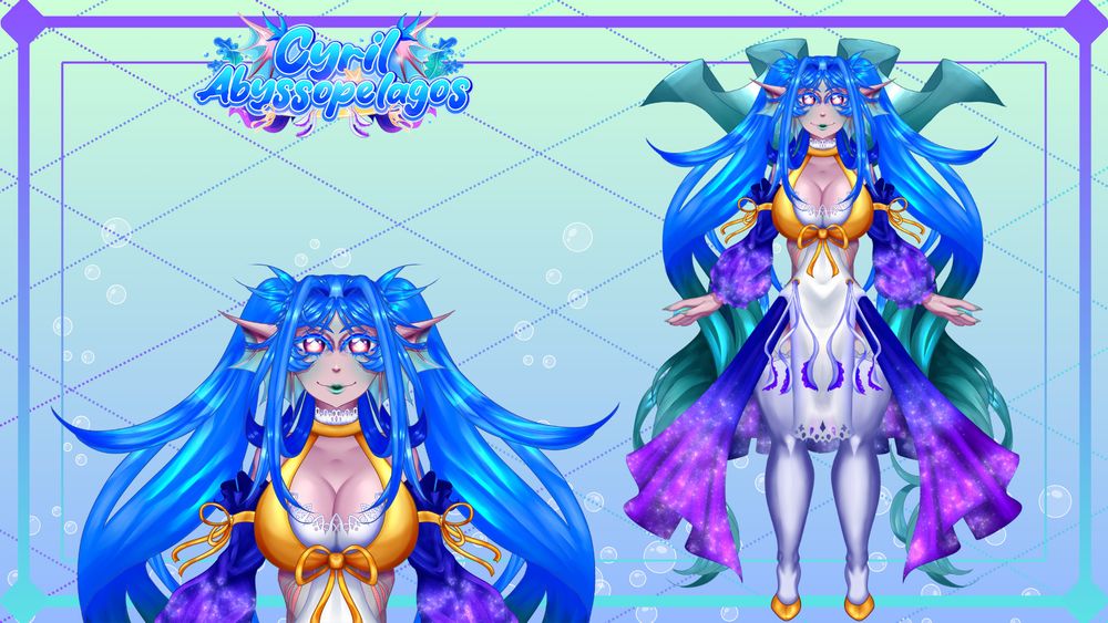 A showcase image of the vtuber Cyril_vt showcasing the model fully and from the waist up