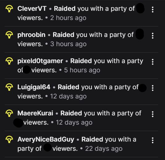 twitch raids from the last month! With the viewer counts blurred
raids from: 
CleverVT 
phroobin 
pixeld0tgamer
Luigigal64 
MaereKurai 
AveryNiceBadGuy 