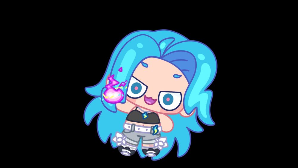 Blue haired girl holding a pink flame in one hand, making an determined face!