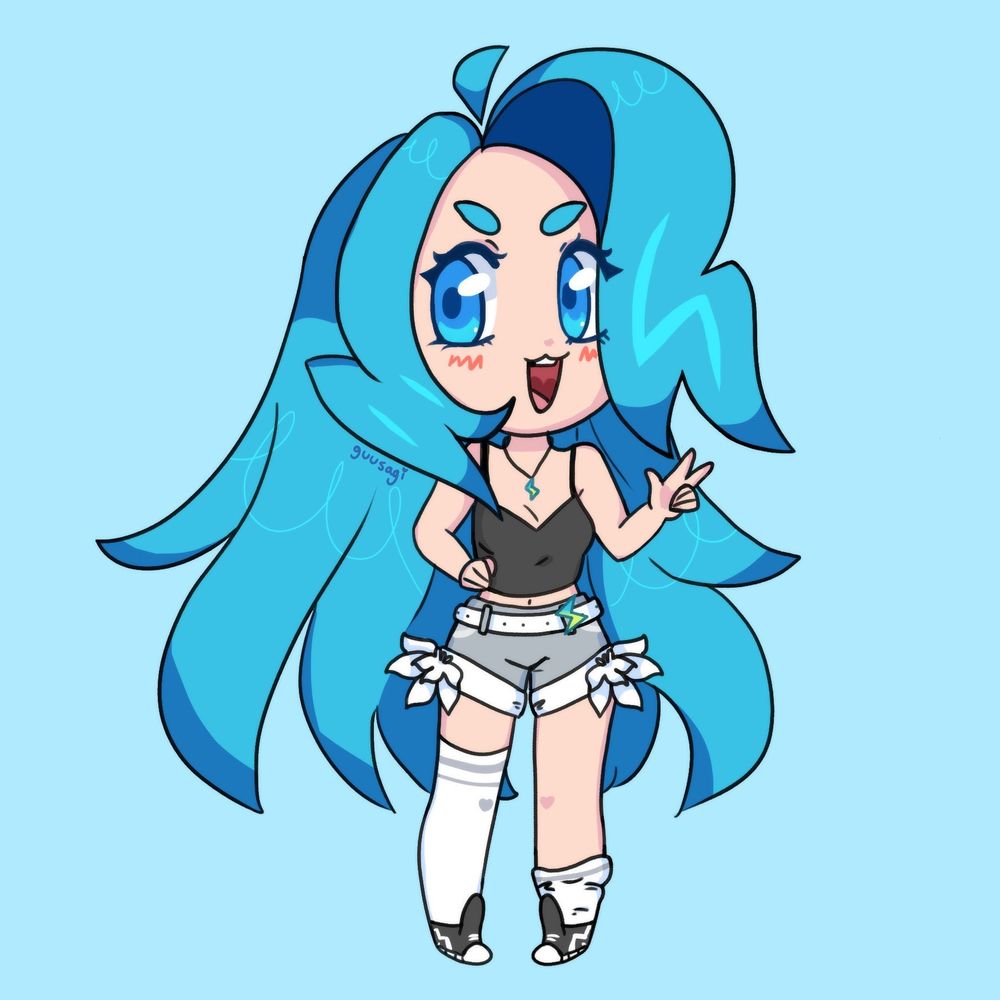An illustration of Surge! A Blue haired girl wearing a crop tank top, grey shorts, long socks and black sneakers. Her left hand is making a peace sign and her other hand is on her hip.