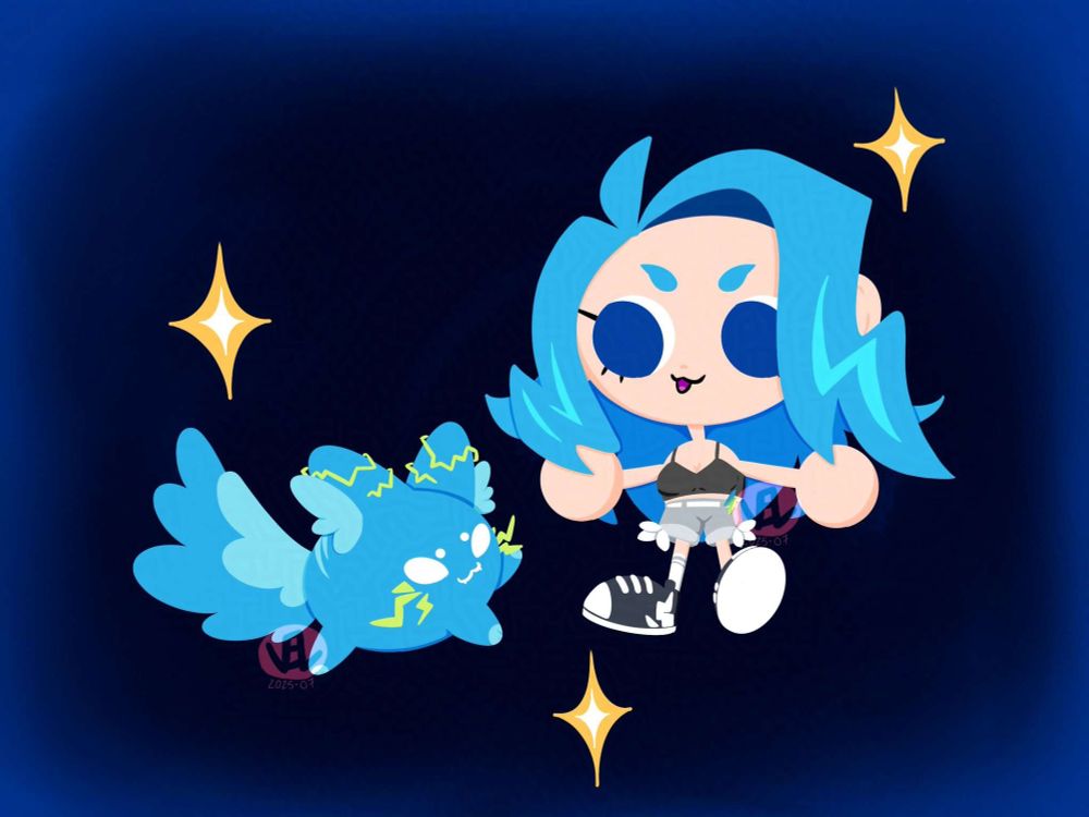 Surge and Oomi hanging out! They're drawn as chibis, Oomi is on the left and Surge is on the right. The background is blue with yellow sparkles!
