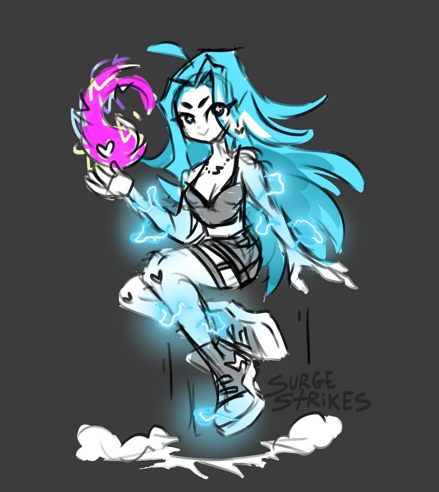 an illustration of surge. She is floating, she has a lightning flame in her right hand and lightning is surrounding her