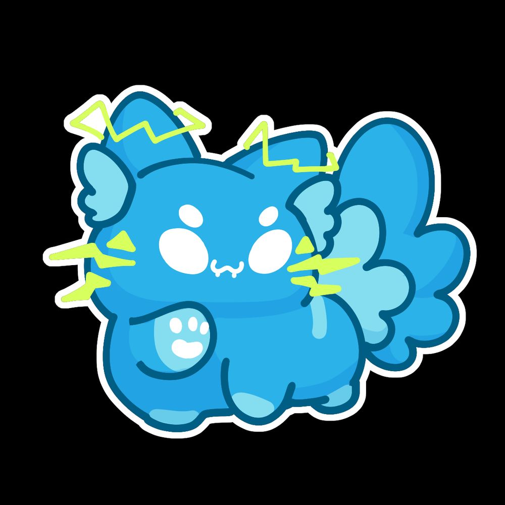 an illustration of oomi putting his left paw up towards the camera, oomi is a blue electrified dog ! he has white eyes and is making a mischievous face