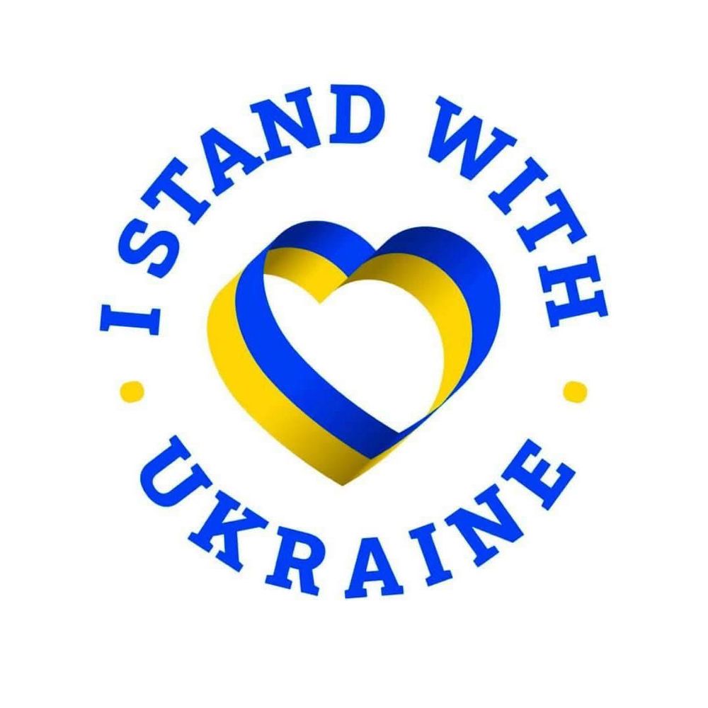 Blue and yellow heart surrounded by the words, "I stand with Ukraine."