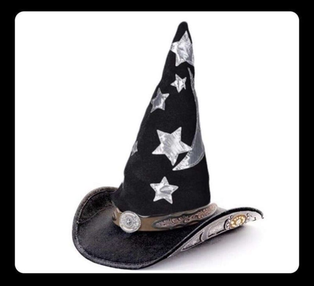 A fanciful depiction of an ornate cowboy hat's brim and iconic ten gallon hat style of leather banding, but with the long and pointed tip of a wizard's hat, adorned with stars and moons. It is absolutely dope as hell looking - like way more than it should be. Hella rad.