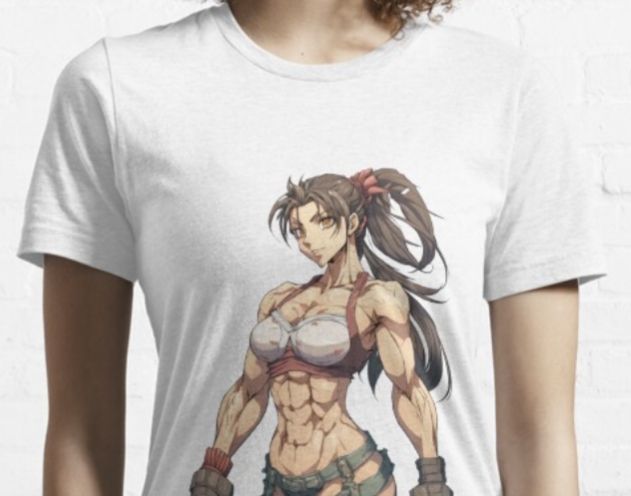A photograph of a white T-shirt with no words. The art is of a tremendously muscular anime woman with enormous tits. She looks like she would kill me after sex and I am into it.