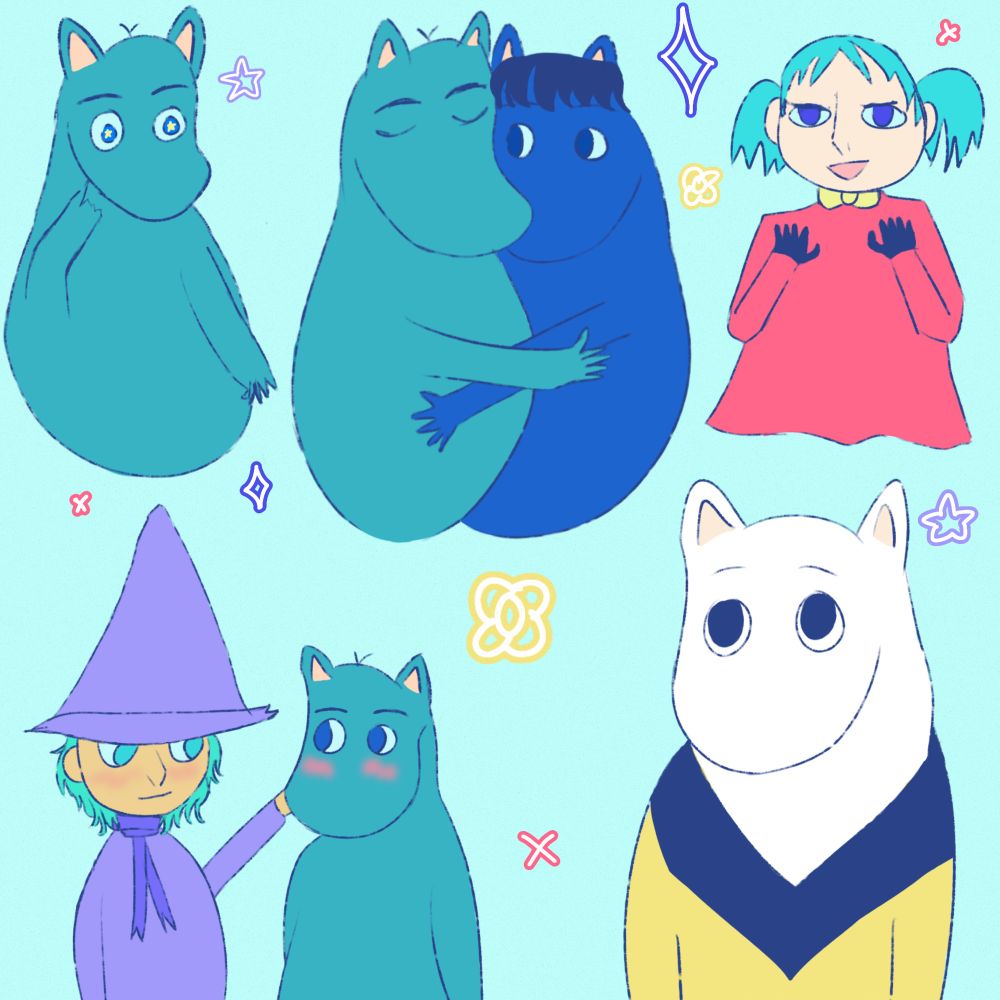 digital doodles of some of the gundam characters as moomin characters. top left is kamille drawn as moomin, kamille and fa (who is snorkmaiden) hugging each other. quess has been drawn as little my next to them. bottom left is kamille with four (drawn to be snufkin). four has her hand extended to touch the side of kamille's face. bottom right is moomin himself wearing kamille's jumper.