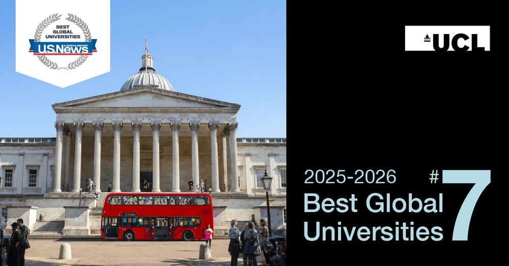 UCL portico building with a red double decker bus parked outside. Text next to the image reads: 2025-2026 Number 7 Best Global Universities