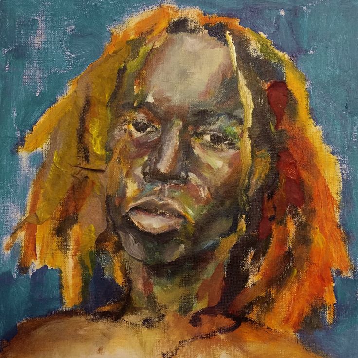 a painting of mavi in gouache and oils, pink spots of canvas coming through the jean blue background. his hair is done in the colors of the sun.