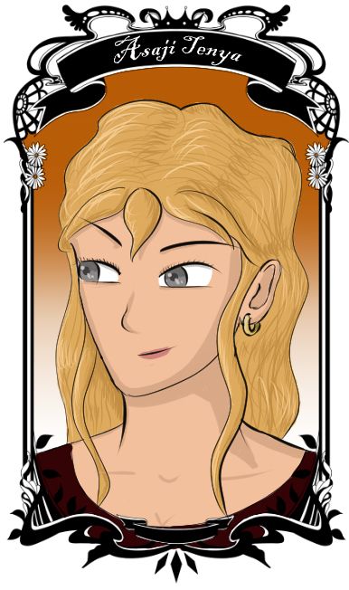 A portrait of Tenya. She has dark blond hair and grey eyes, and is wearing a red swoop neck shirt.