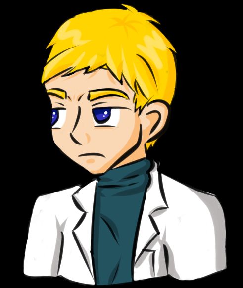 A chibi version of Faysal wearing his lab coat and a teal turtleneck