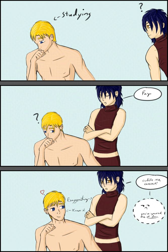 A comic of Faysal studying, where Ash stepped up to him with demands for cuddles