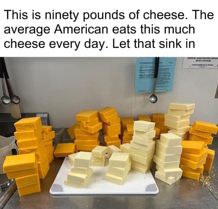 A counter-top with stacks of white and orange cheese. The caption jokingly suggests that Americans eat 90 pounds of cheese per day.