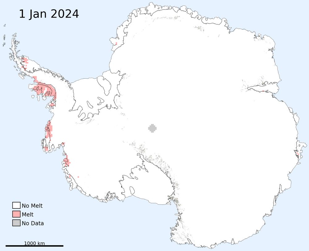 Daily Antarctic surface melt extent on Mon January 1, 2024.

©2024 Dr. Mike MacFerrin, Univ. Colorado, and the National Snow & Ice Data Center (NSIDC)
