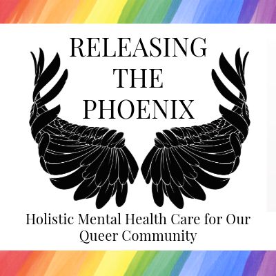 The logo for Releasing the Phoenix with rainbow borders on the top and bottom, with wings and the tagline "Holistic Mental Health Care for Our Queer Community"