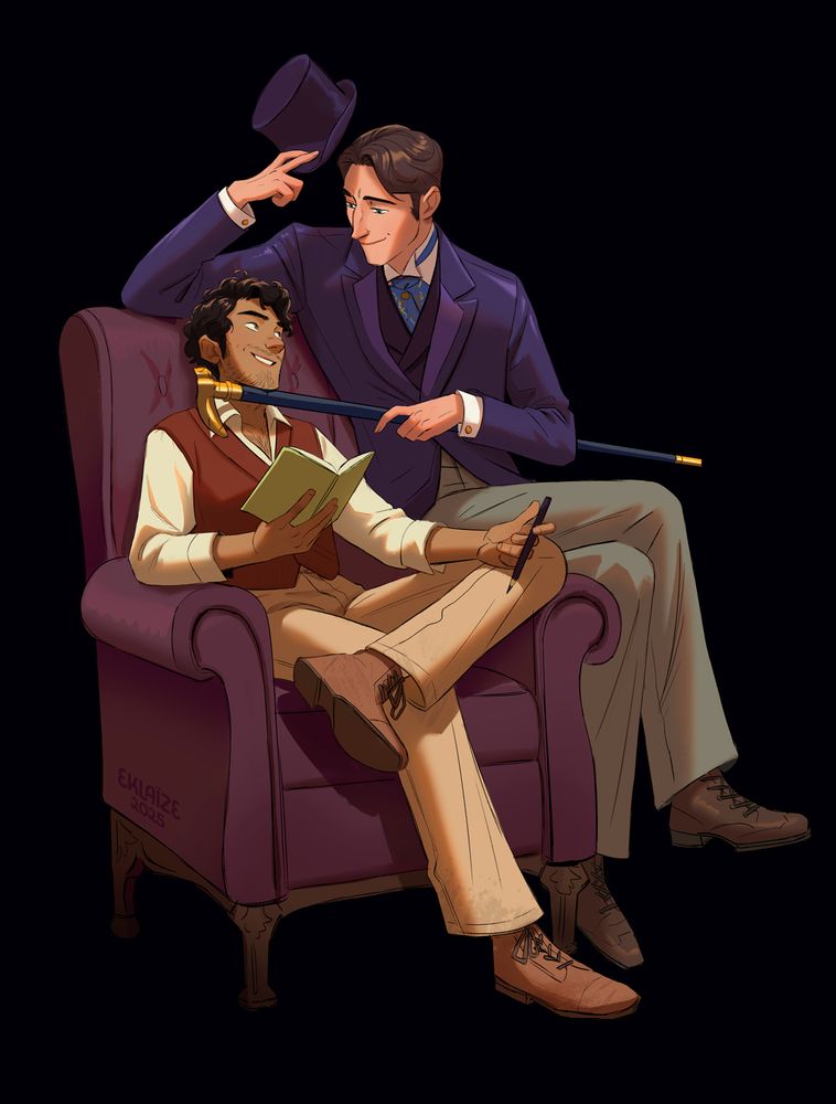 Alan and jack from the last binding trilogy
Alan is sitting in an armchair with a notebook and pencil and Jack is sitting on the side of the armchair holding a cane under Alan's chin and taking off his hat.