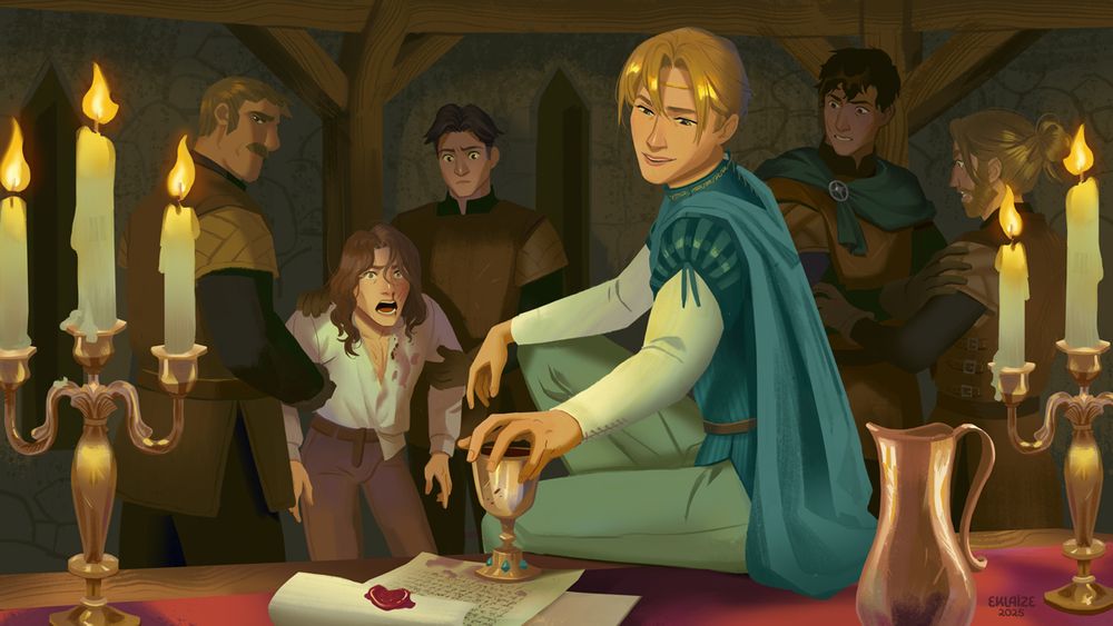 Scene from Captive Prince
A small room in a tower. Laurent is sitting on a table in the front, he just put a goblet on the table.  Two candlesticks, letters and wine pitcher are on the table. In the background , two soldiers hold a young man in their arms, who is screaming at Laurent. His cheek is red, because Laurent just hit him with the goblet. To the side is Damen who holds a visibly shocked Jord back from interfering in the situation. 