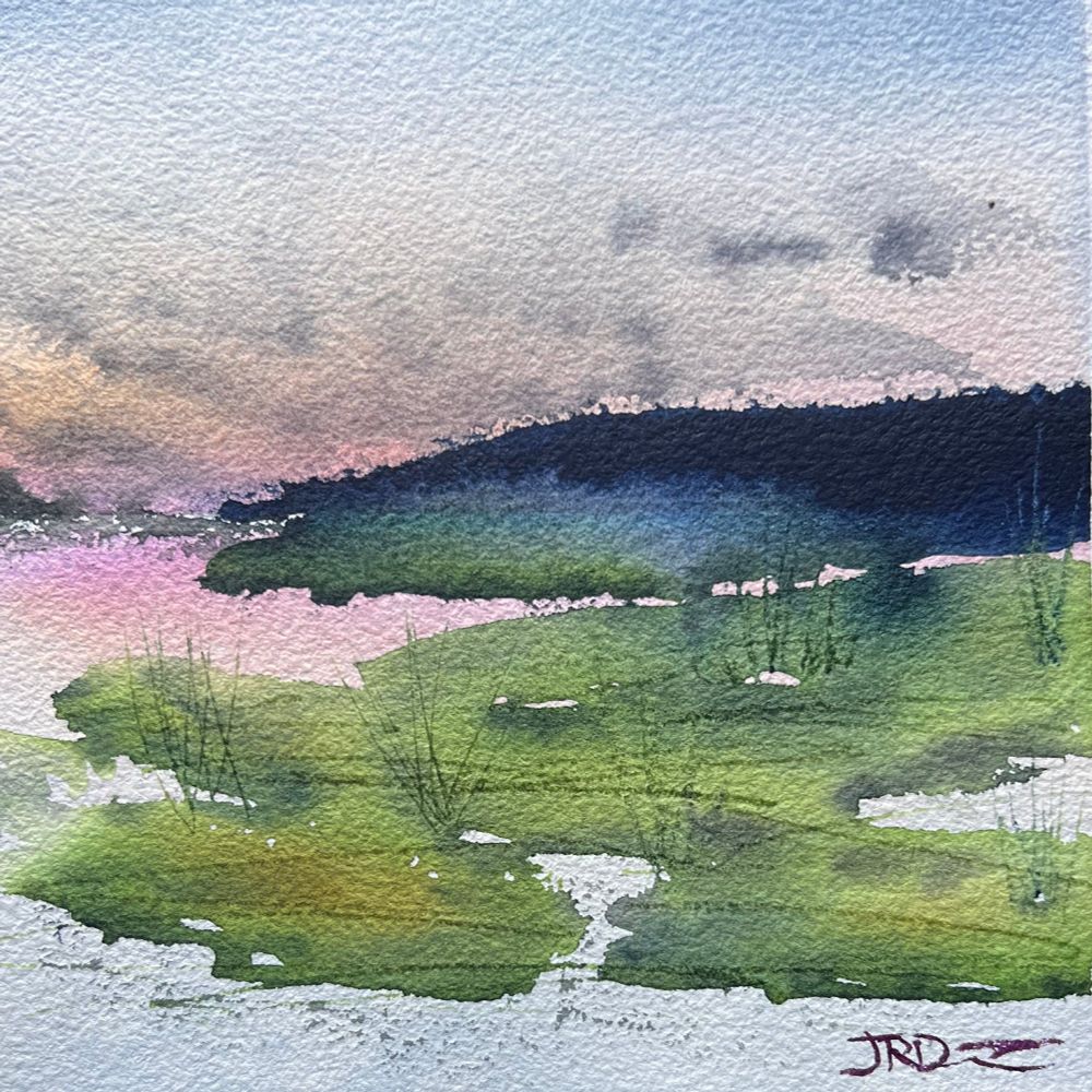 Watercolor painting of an abstract swampy landscape in muted colors