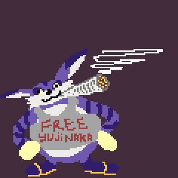 big the cat smoking weed with a shirt that says "free yuji naka"