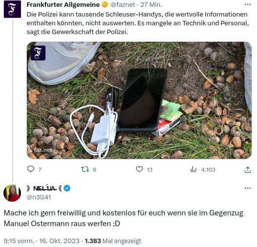 Nella fordert für ihre Hilfe die Entlassung von Manuel Ostermann aus dem Polizeidienst - Screenshot eines Twitterdialogs.