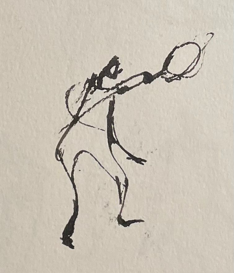 Ink drawing of a figure swinging a racquet towards the right