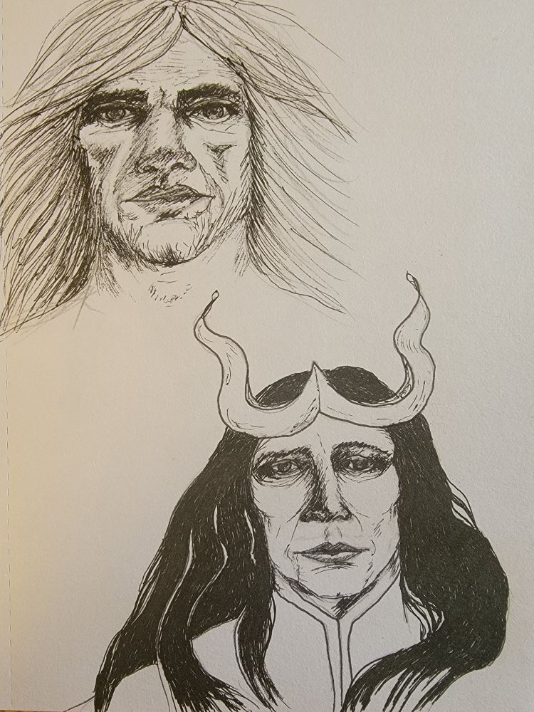 Pen drawings of two men. The top one has a rugged face and fair hair. The lower one is older, has long black hair and wears a Loki-style crown.