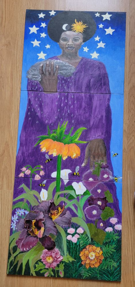 A finished acrylic painting of an African lady posed as a goddess. She has the sun and moon as hair ornaments and her head is surrounded by stars.  The bottom of the painting is a lush garden with dramatic flowers. Bees buzz around, and rain falls towards the flowers from a rain cloud held in one of her hands.