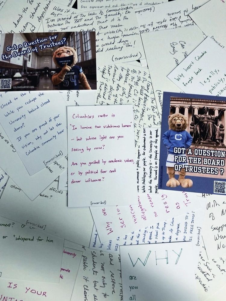 Messy pile of postcards with handwritten questions for Columbia trustees