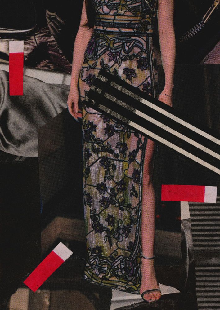 Newsprint photo collage featuring a woman from the chest down, wearing a glamorous dress, surrounded by various textures and patterns and shapes, including three bright red strips.