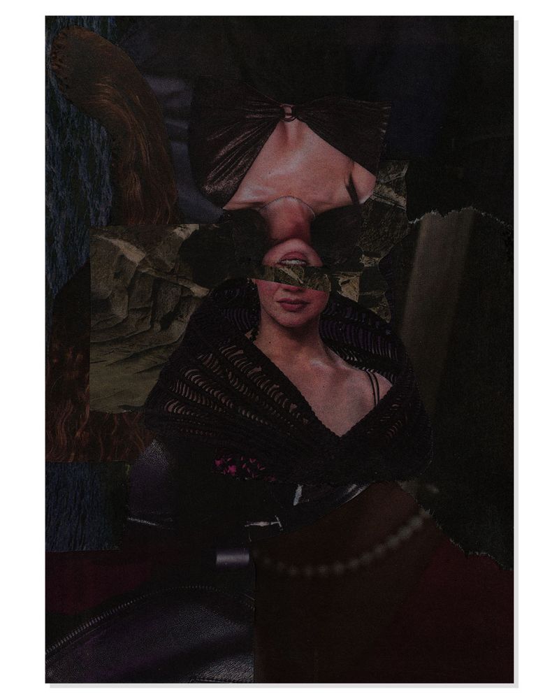 A dark newsprint collage of diffuse imagery, with a woman's torso and partial head in the center, with another similar woman's torso above it, flipped upside-down.