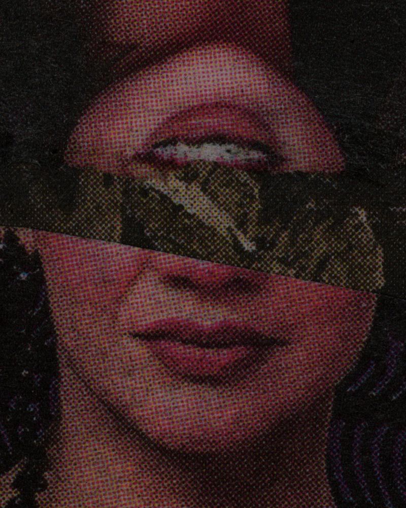 A dark newsprint collage of diffuse imagery, with a woman's torso and partial head in the center, with another similar woman's torso above it, flipped upside-down — closeup of the women's heads.