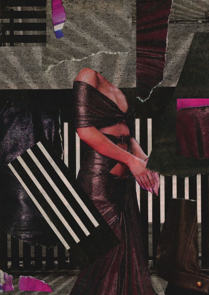 Newsprint collage featuring mostly dark areas and graphic/photographic stripes, facets of fabric, and a central headless female figure wearing a glamorous dark dress.