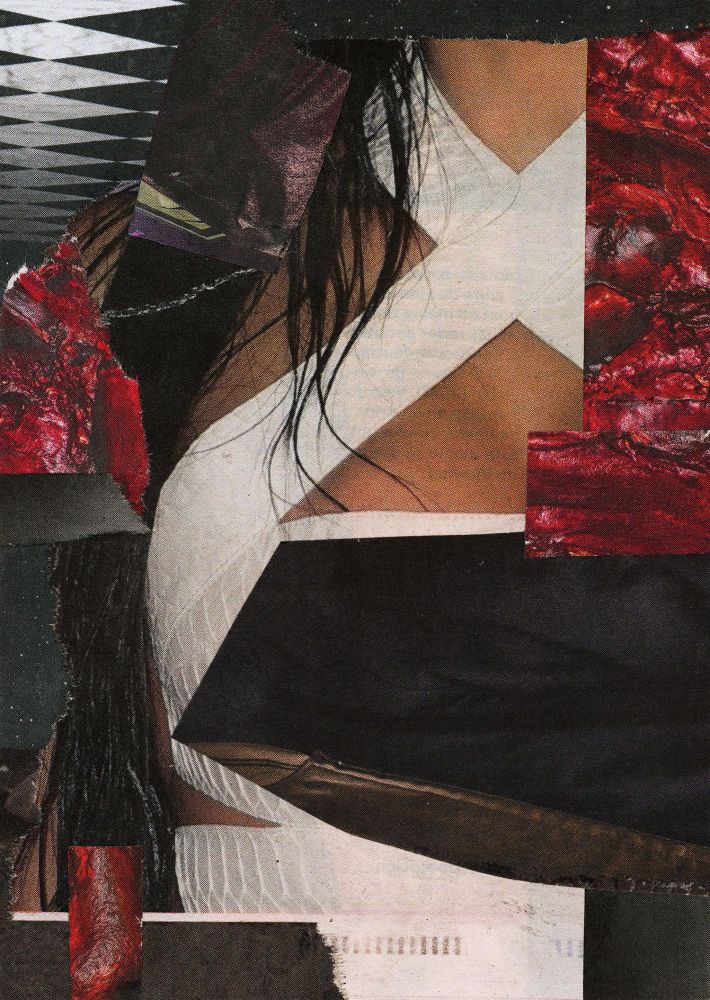 Dark newsprint collage centered around a woman's torso in a white dress, surrounded by strips of some kind of organic/biological red mass, a checkered ceiling pattern, and near-black voids.