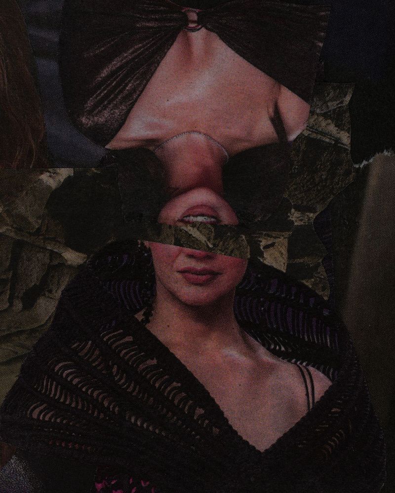 A dark newsprint collage of diffuse imagery, with a woman's torso and partial head in the center, with another similar woman's torso above it, flipped upside-down — closeup of the women's torsos.