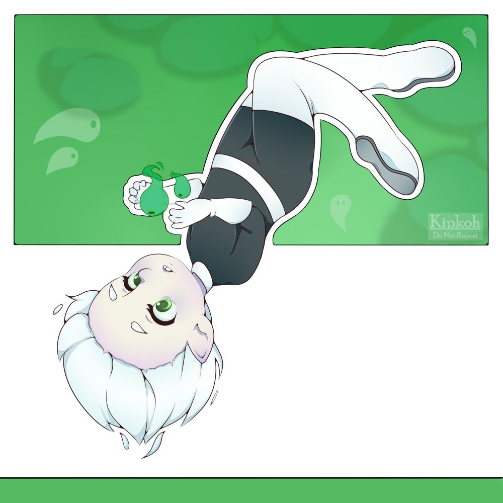 Digital art of Danny Phantom. He is floating upside down and looking up at a pair of blob ghosts in his hands. At the top of the picture is a green rectangle with more ghosts in the background.