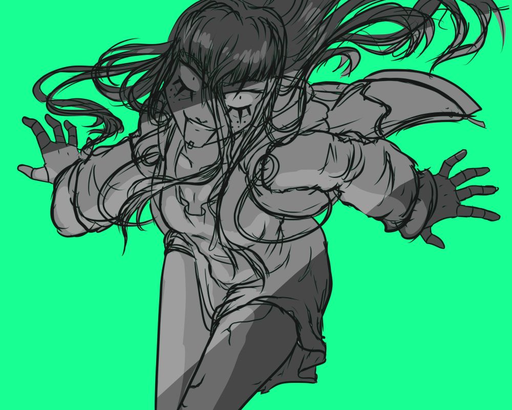 A sketchy illustration of a young, broken doll-like woman in ragged clothes in low light, looking at the viewer.