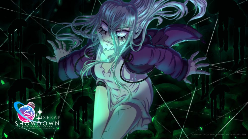 An illustration of a young woman in disheveled clothes, resembling a marionette. Behind her are several glimmering threads and silhouettes of hanging, featureless marionettes.