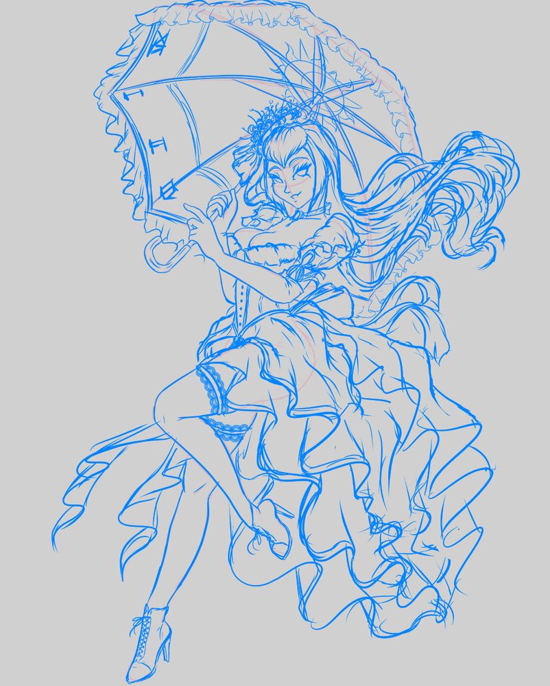 A work in progress sketch of a woman in a billowy, ruffled gown, holding a parasol