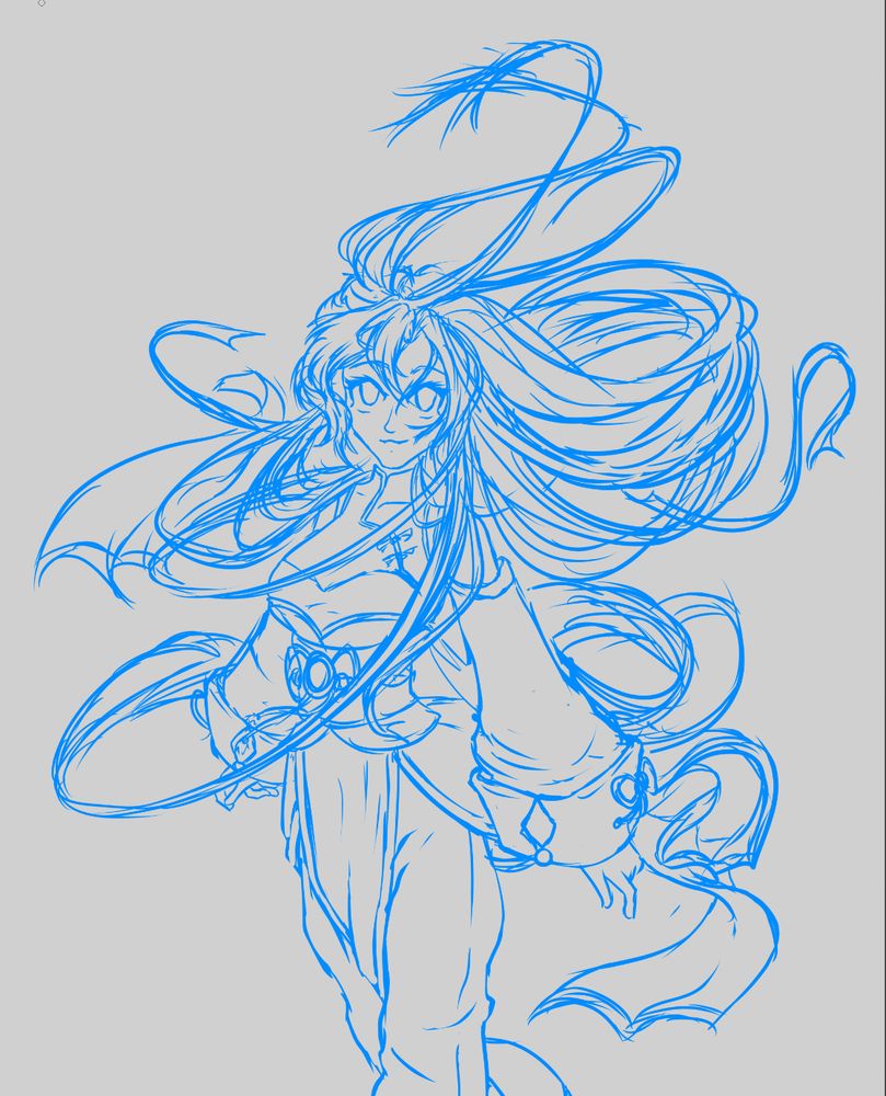 a blue line sketch of a young woman wearing a qipao. Her hair is down and is being whipped around her body by the wind.