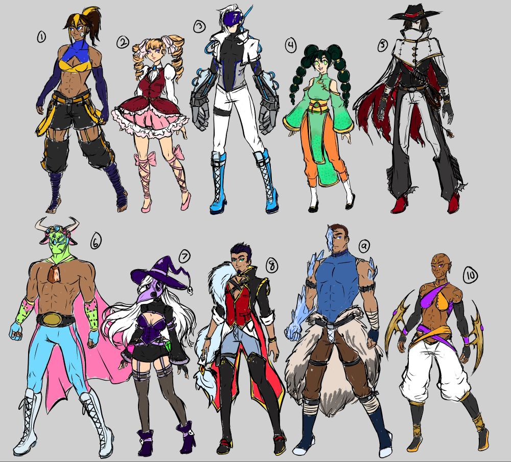 A collection of character concept sketches