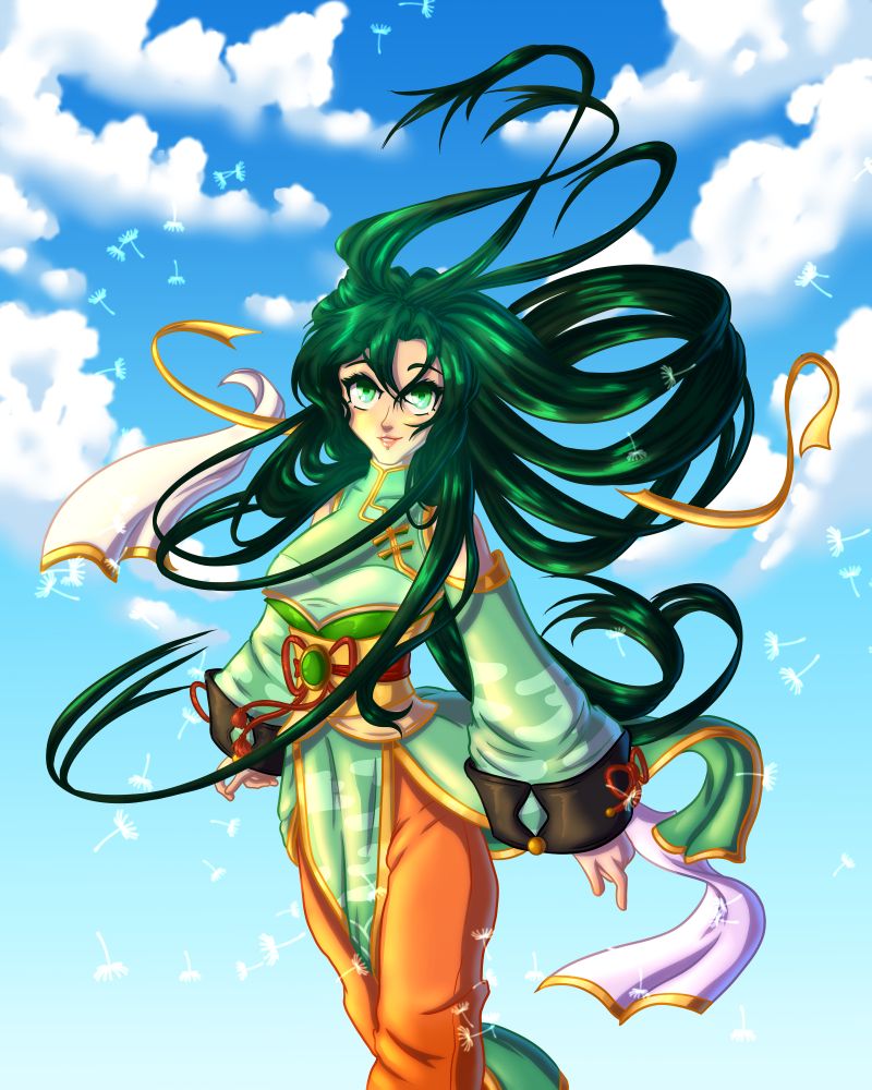 An illustration of a young woman in a jade green qipao. Her hair is down and blowing in the wind in circles around her along with multiple dandelion seeds, in front of a blue sky.