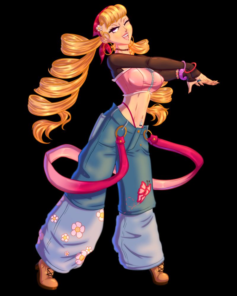 an illustration of a young woman with blonde hair styled into twin drill curls, wearing Y2K inspired clothing