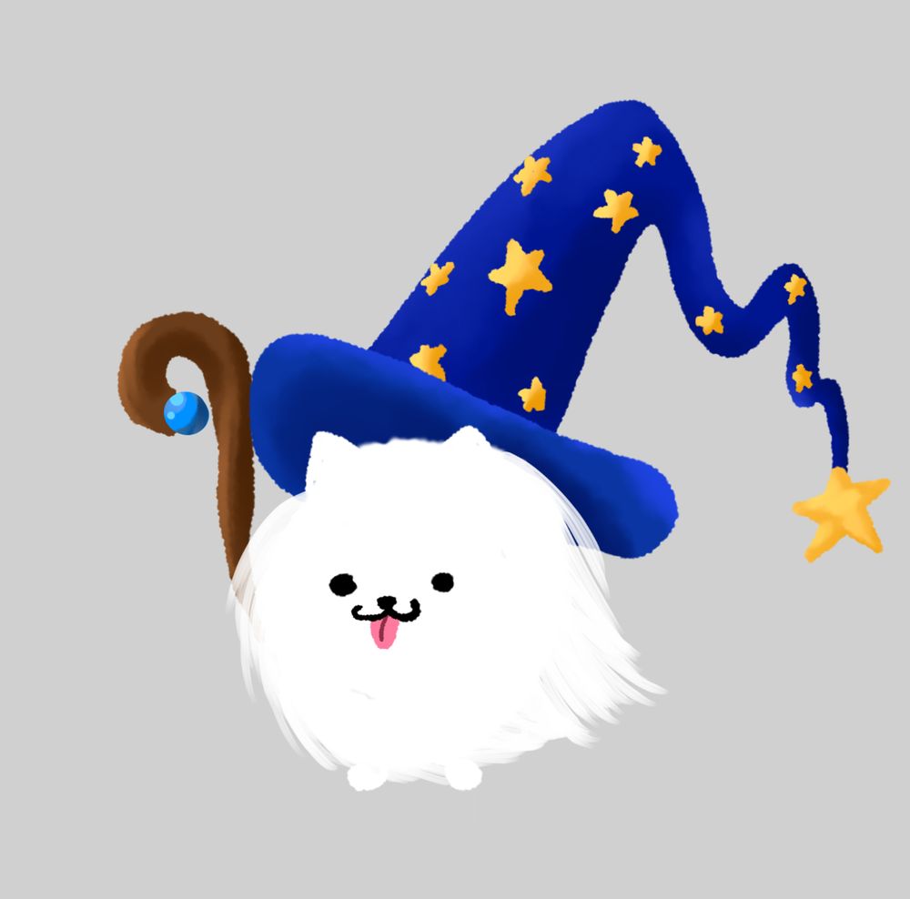 a painting of a small, round, white fluffy dog wearing a blue wizard hat covered in stars and holding a brown wizard staff