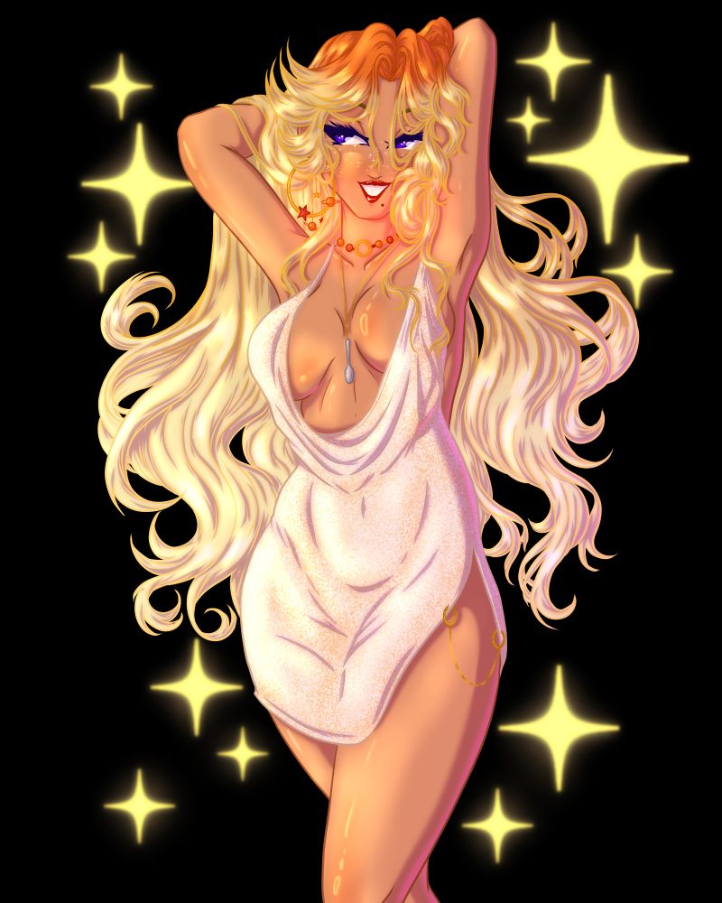 an illustration of a blonde woman in a very low cut, shimmering white cocktail dress.