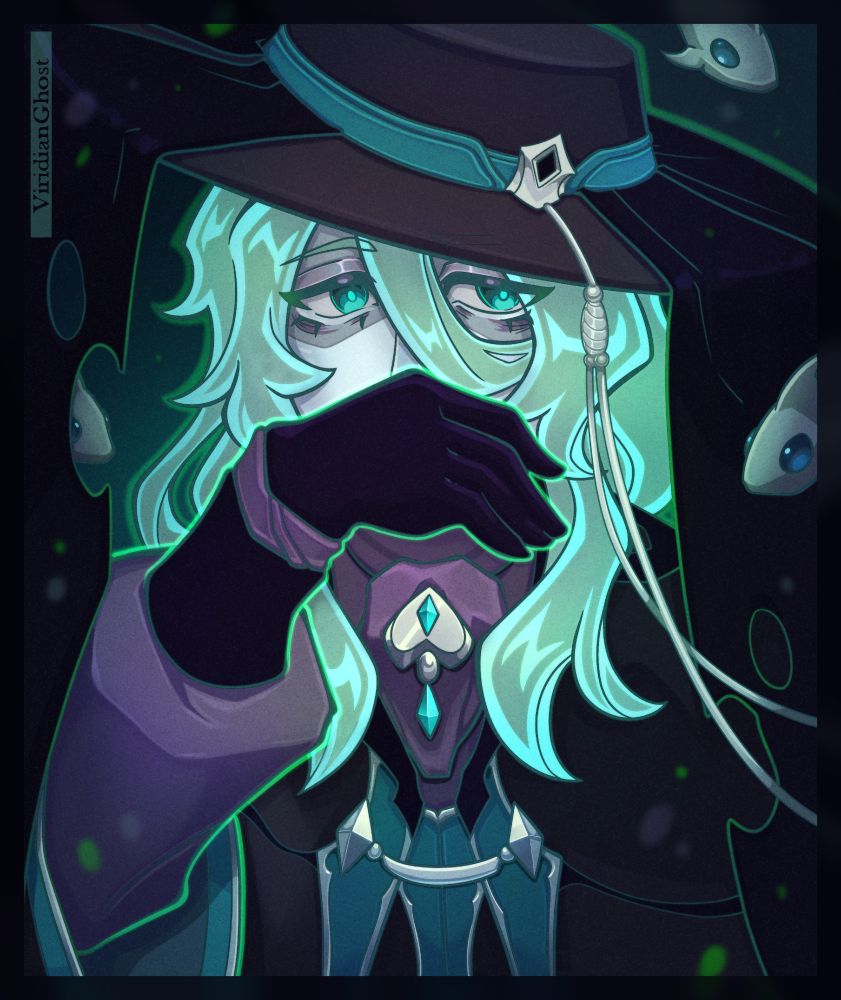 Green haired ghost holding his hand in front of his face. Surrounding him are small, silver fish.