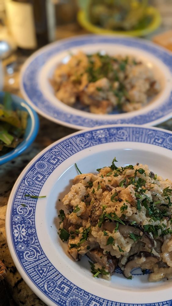 Blue and white Calamity Ware bowls hold creamy mushroom risotto with Italian sausage and chicken. Finished with cream and parsley. Small bowls of garden greens are on the side. 