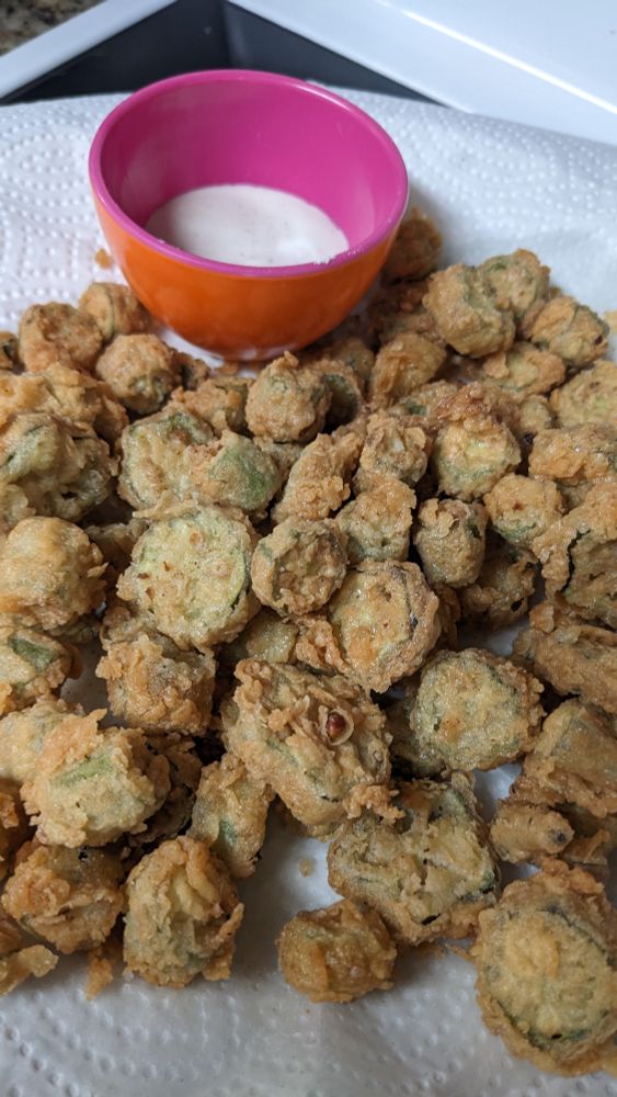 Fried okra I gre with my own sweet baby brown hands. And ranch, of course. 